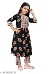 Cotton printed straight dhoti kurta for girls, three-quarter sleeves, calf length, available in sizes 4-5 years to 13-14 years, Indian fashion for kids